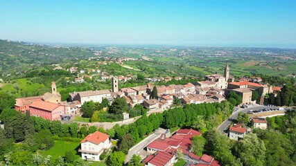 aerial view of the village of Saludecio in the province of Rimini. The village transmits peace and tranquility and has a spectacular view of Romagna and the Adriatic Sea