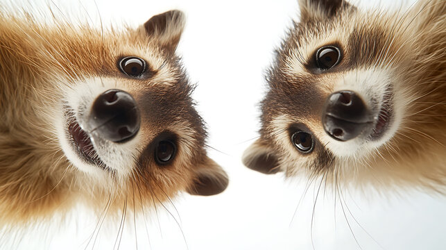 Two playful raccoons are peering down, their curious eyes and furry faces creating an endearing and engaging close-up. Cute wildlife portrait.