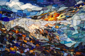 Fototapeta premium Stained glass artwork depicting a mountain landscape with vibrant colors and intricate details reflecting nature's beauty