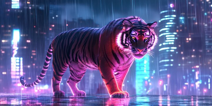Neon tiger cityscape fantasy art