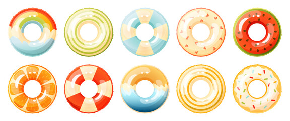 Set of different colored inflatable swimming rings. Bright lifebuoy, inflatable float toy. Summer accessory for swimming on the beach, in the pool. Vector illustration.