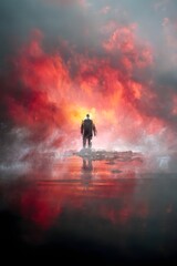 Fototapeta premium Solitary Traveler: A lone figure stands at the edge of an ethereal landscape, silhouetted against a dramatic, fiery sky and water, evoking feelings of introspection and the unknown. 
