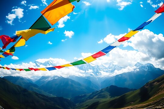 Colorful Prayer Flags Over Majestic Snow Capped Mountains