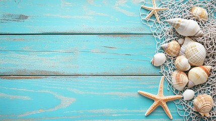 Seashells and starfish arranged on a vibrant turquoise wooden background, creating a tranquil coastal vibe perfect for summer-themed projects or beach-inspired designs.