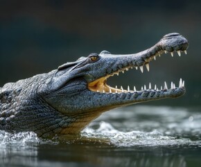 Indian gharial, Gavialis gangeticus, open muzzle in water. Mouth with many teeth