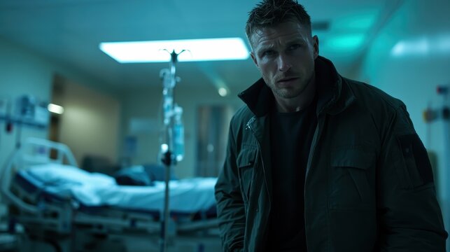 A brooding man stands in a dimly lit hospital room, conveying tension and concern as he gazes into the distance, suggesting an emotional moment amidst medical challenges. - Powered by Adobe