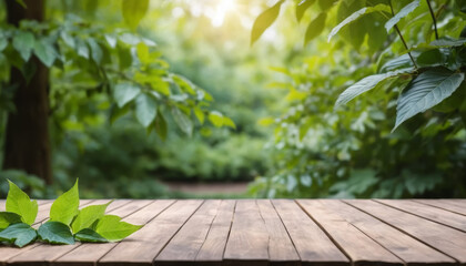 Wooden table jungle backdrop, sunlight, nature display