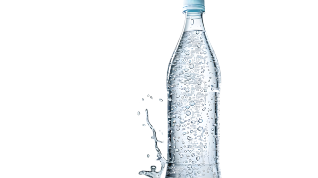 A clear water bottle with condensation and water splashing out
