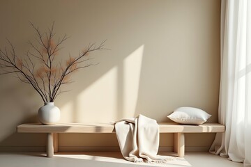 Serene neutral room with vase and bench