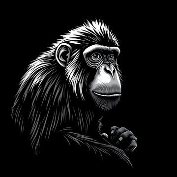 Stilisiertes Affengesicht mit wei&szlig;en Linien auf schwarzem Hintergrund, perfekt als ikonisches Logo oder minimalistisches Tierdesign.