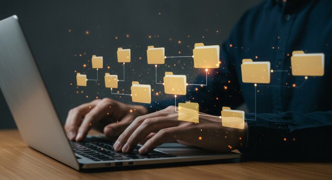 Person working on a laptop with digital folders representing data storage