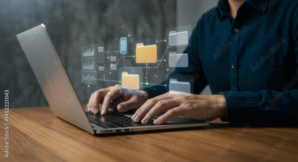 Poster man working on laptop with file management system interface, digital data concept