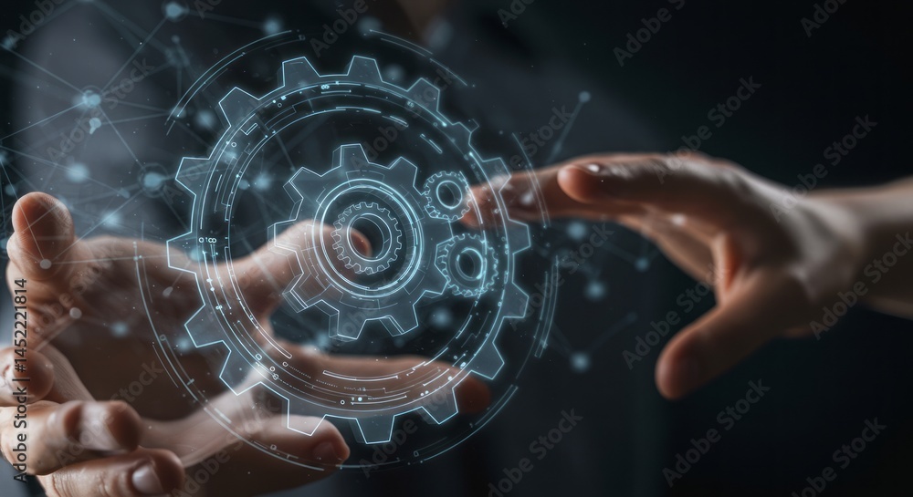 Poster hands interacting with a digital gear system showing technology and innovation.