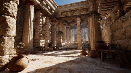 Antique Roman Bathhouse Entryway with Jar Vessels and Columns