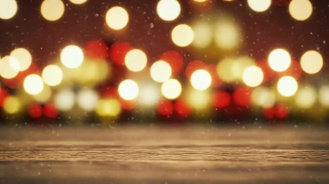 Animation of twinkling lights and christmas on blurred wooden surface background. Illumination, sparkling, glowing, twinkling, glittering, sparkling