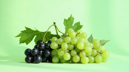 Fototapeta premium Fresh green and black grapes on a green backdrop showing the beauty of nature