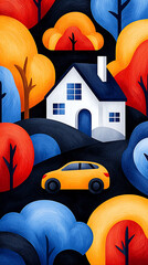 Colorful Autumn House with Car