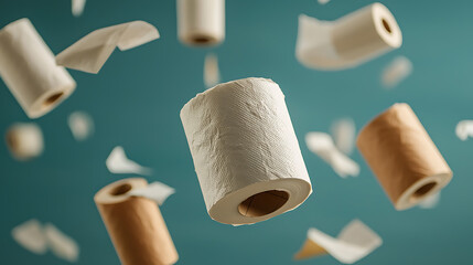 Floating rolls of white and brown paper towels and toilet paper against a turquoise background create a sense of weightlessness and playful abundance.