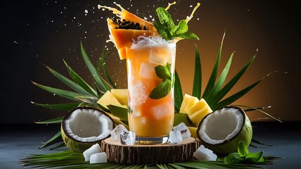 Ripe papaya jucie with orange on icy dark backgorund 