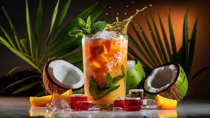 Ripe papaya jucie with orange on icy dark backgorund 
