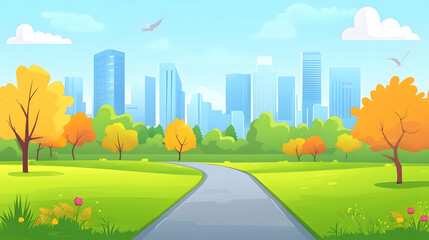 Vibrant city park scene with autumn colors and modern skyscrapers backdrop