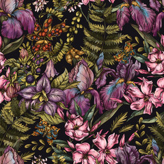 Vintage Botanical Pink Flowers Seamless Pattern, Romantic Flora