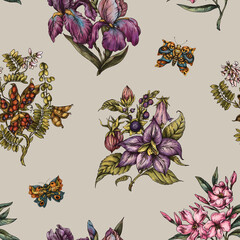 Vintage Botanical Pink Flowers Seamless Pattern, Romantic Flora