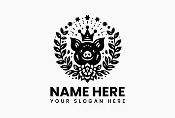 Polygonal pig head with abstract floral crown, modern vector logo for eco-friendly skincare and apothecaries  