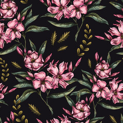 Vintage Botanical Pink Flowers Seamless Pattern, Romantic Flora