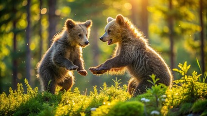 Obraz premium Adorable Finnish Brown Bear Cubs Playing in Forest - Aerial View