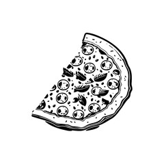 Monochrome pizza slice illustration with toppings on a white background