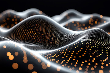 Abstract digital landscape of glowing particles forming flowing waves.  Ideal for tech, AI, data visualization, and futuristic concepts. Evokes themes of connectivity, innovation, and the digital age.