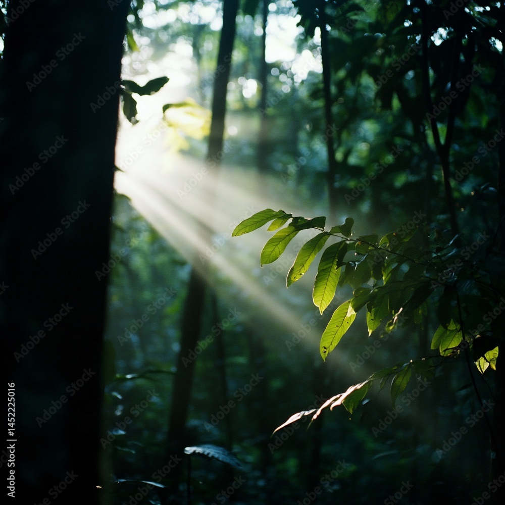 Poster sunlight filtering through lush rainforest canopy creating ethereal glow