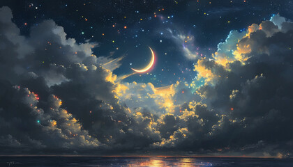 colorful starlight, beautiful clouds and the expanse of the sea in the darkness of the night.