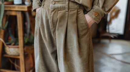 Person wearing beige pants rustic interior