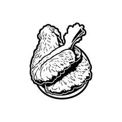 Monochrome graphic representation displaying a fried chicken piece served on plate