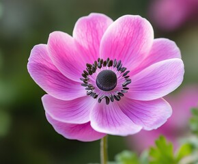 Pink anemone in the garden, close-up, with copy space