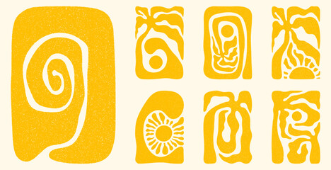 Palm trees, sun and ocean waves groovy vertical backgrounds set. Summer boho posters, vintage grainy texture, hand drawn wavy patterns in 60s, 70s. Modern retro Matisse style vector illustration