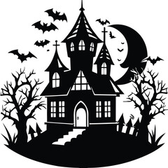 Spooky Halloween Haunted House Silhouette with Bats Moon and Creepy Trees Vector Art