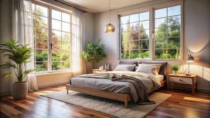 A cozy bed in a bright room with a large window allowing plenty of natural light to fill the space, comfort