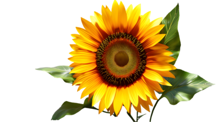 A vibrant sunflower with yellow petals and green leaves around it