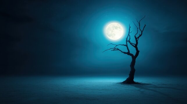 A haunting image of a barren tree captured in the gentle glow of a full moon, inviting viewers to reflect on themes of loneliness and the beauty of solitude.