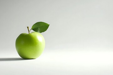 A vibrant green apple with an elegant leaf, isolated on a white background