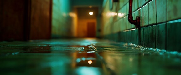 Eerie, waterlogged corridor with distant light, reminiscent of suspense films