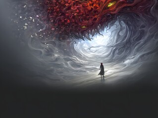 Facing the Unseen: A lone figure stands resolute, confronting a formidable dragon, symbolizing bravery and facing inner demons.