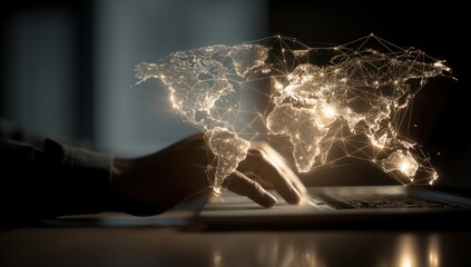 Typing on Laptop Illuminates Global Connectivity, Shaping Digital World & Online Communication, Worldwide Links