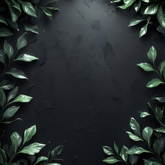 Blank  copy space design with black background, subtle dark charcoal and green leaves texture, matte finish .