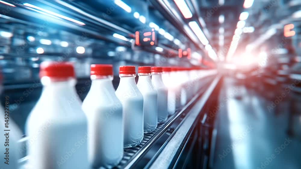 Poster a dynamic scene of a high-speed conveyor system transporting milk bottles past laser-equipped qualit