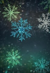 Swirling bokeh lights, abstract snowflakes, deep blues and greens , festive, winter wonderland, Christmas