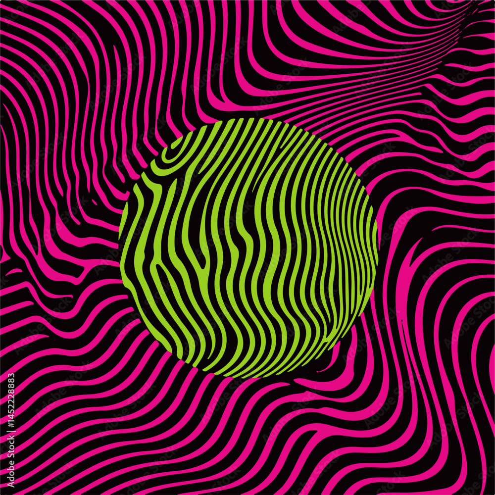 Poster abstract vector illustration features a neon green sphere surrounded by dynamic, flowing magenta lin